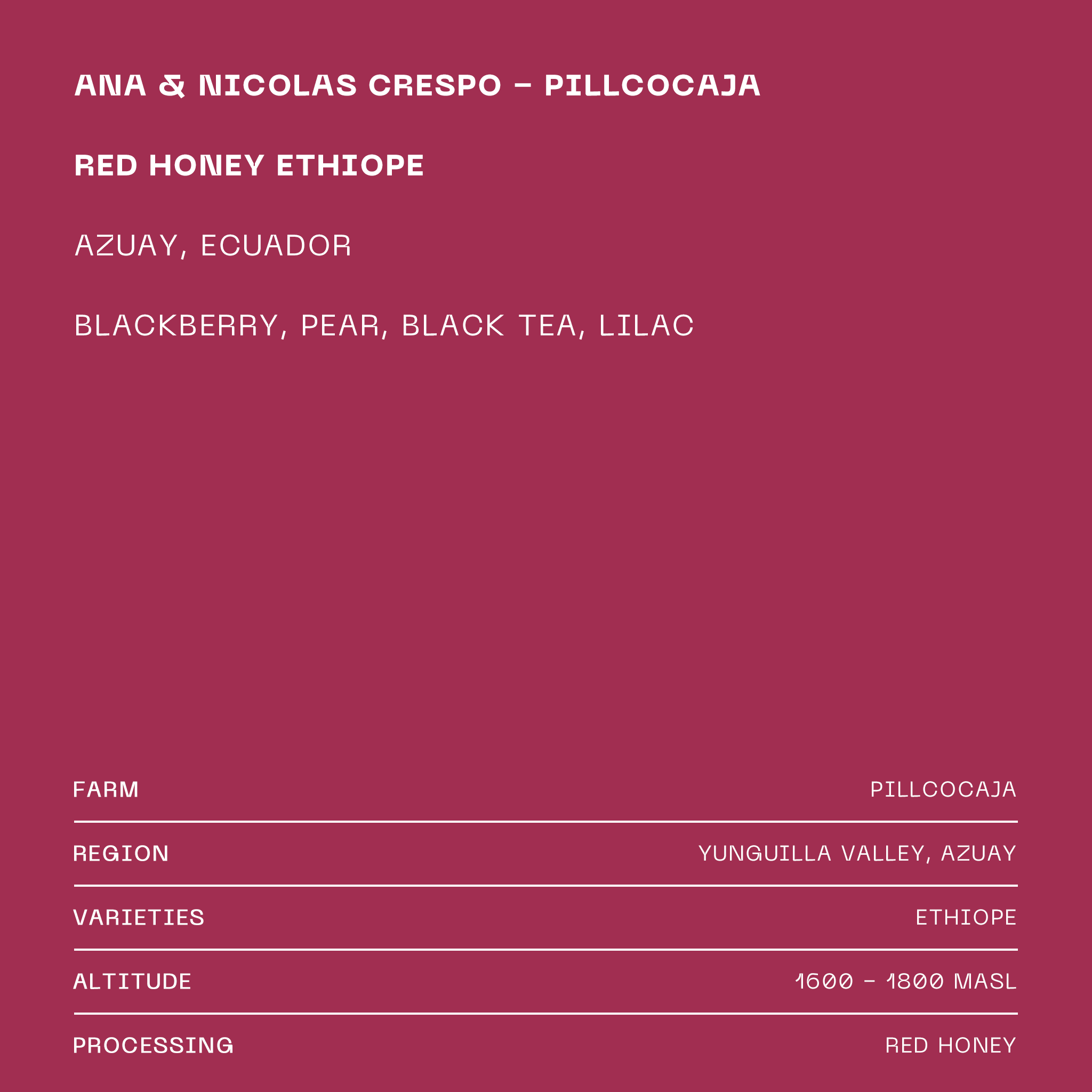 Ana & Nicolas Crespo 'Pillcocaja' Red Honey Ethiope